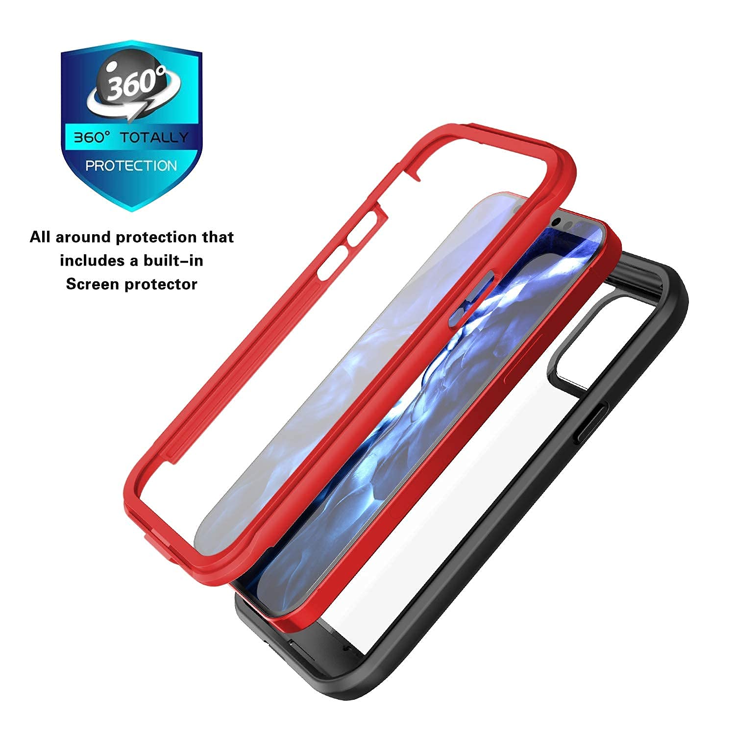 ImpactStrong Clear Case for iPhone 12/iPhone 12 Pro, Ultra Protective Case with Built-in Clear Screen Protector Full Body Cover (Red)