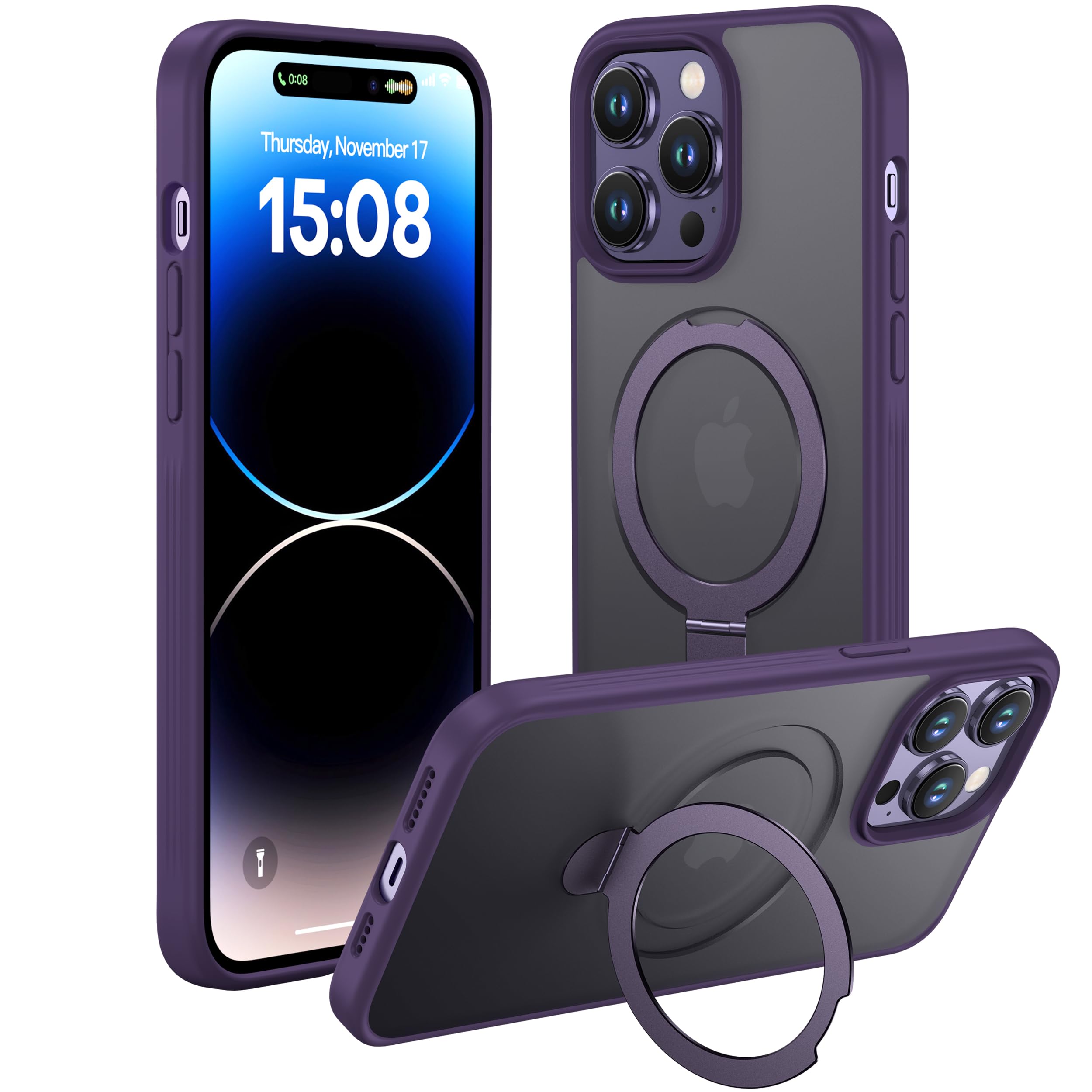 ImpactStrong for iPhone 14 Pro Case with Hidden Magnetic Stand [Military Drop Protection] [Compatible with MagSafe] Slim Shockproof Translucent Matte Phone Cases 6.1 Inch, Deep Purple