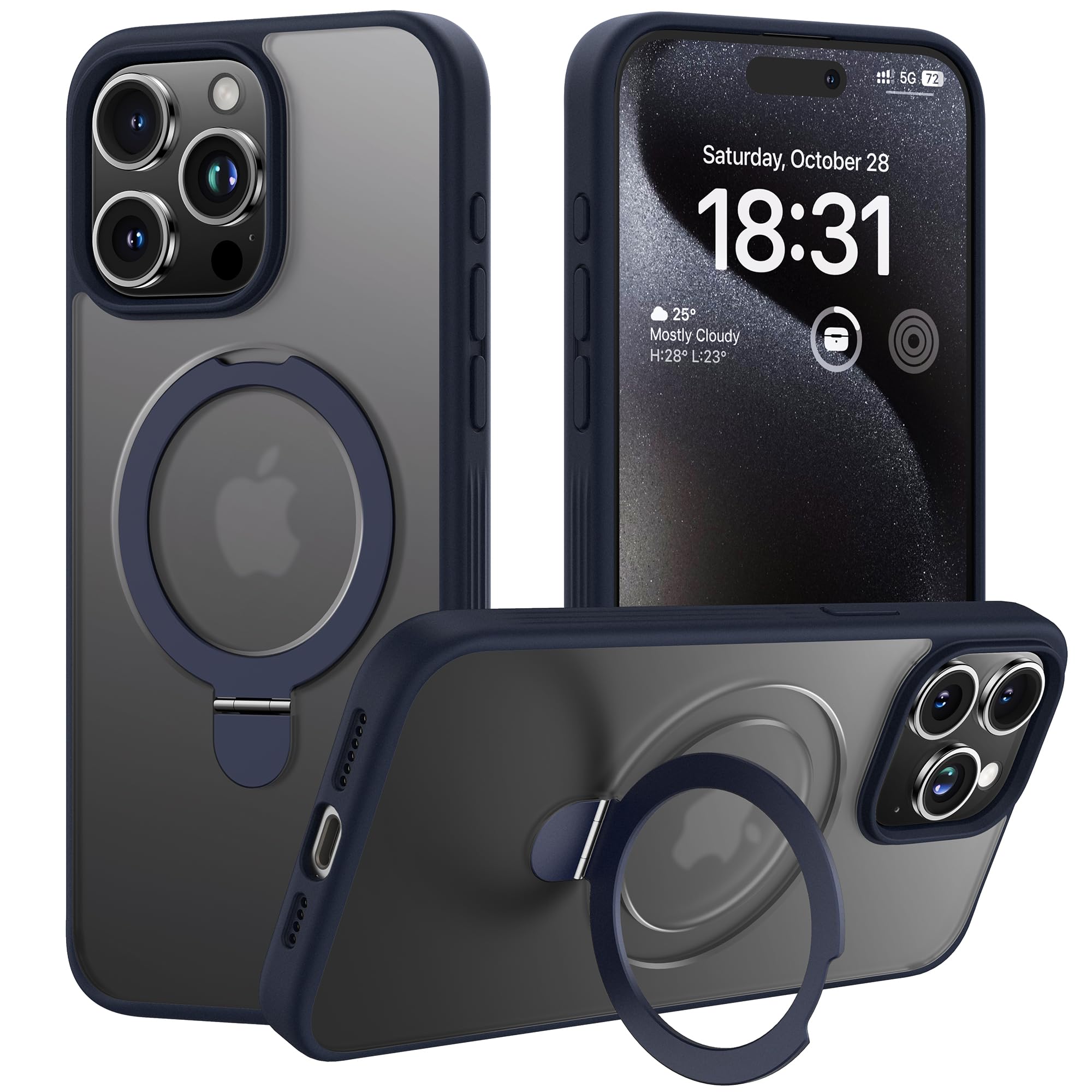 ImpactStrong Magnetic Guard Compatible with iPhone 15 Pro Case with Hidden Stand [Military Drop Protection] [Compatible with MagSafe] Slim Shockproof Translucent Matte Phone Case, Navy Blue