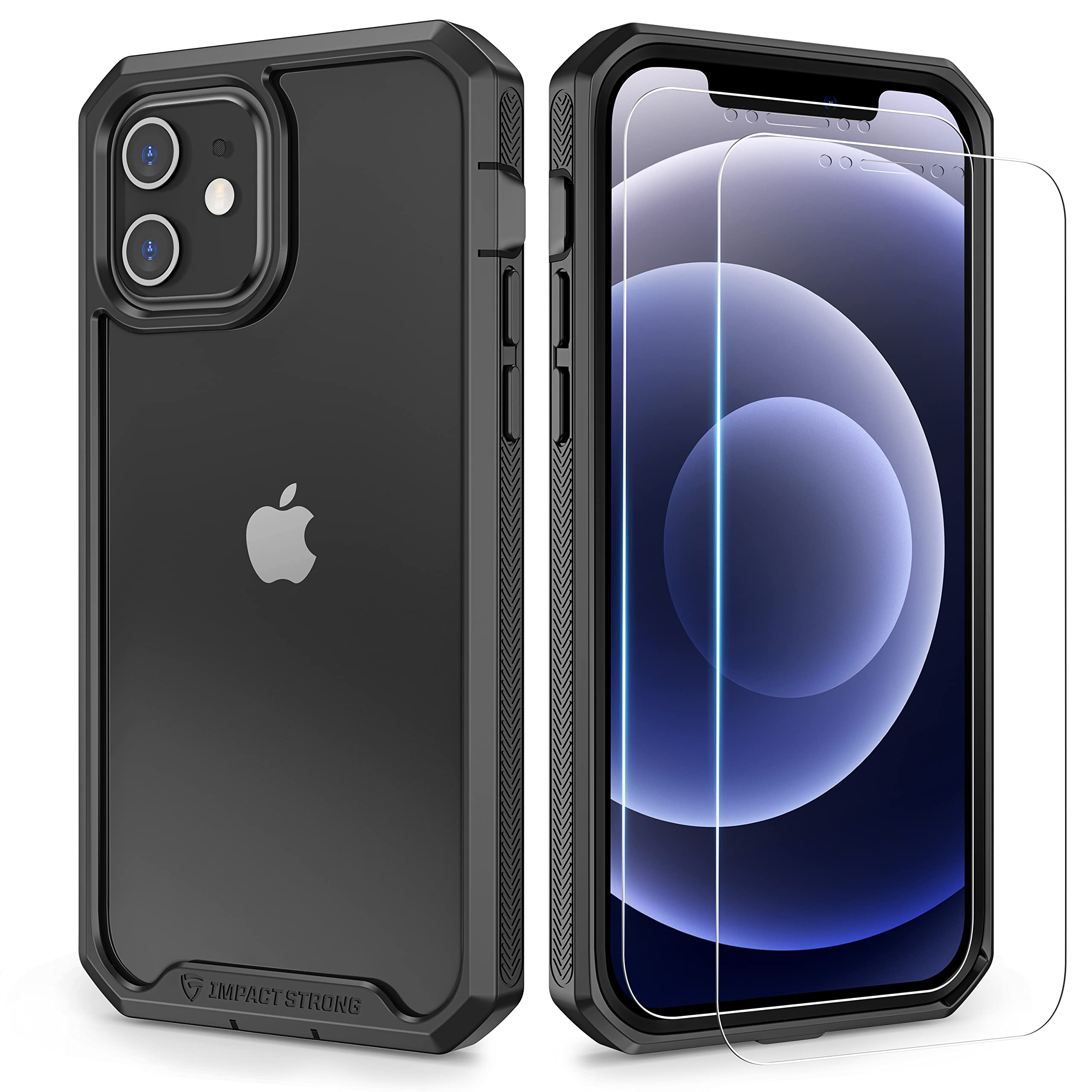 ImpactStrong Compatible with iPhone 12/12 Pro Case, Full Body Heavy Duty Protective Cover Designed for iPhone 12/12 Pro 6.1-Inch (2X Glass Screen Protector Included) - Black